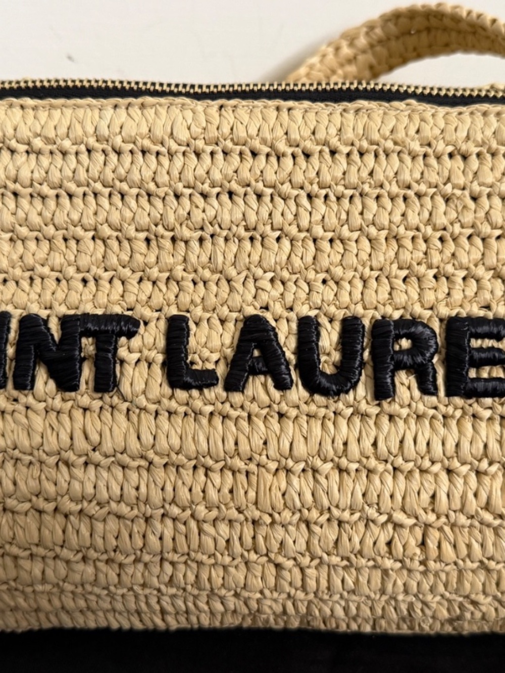 Saint Laurent YSL Le Rafia Beige Black Woven Embroidered Logo Zip Crossbody Bag - Picture 14 of 15